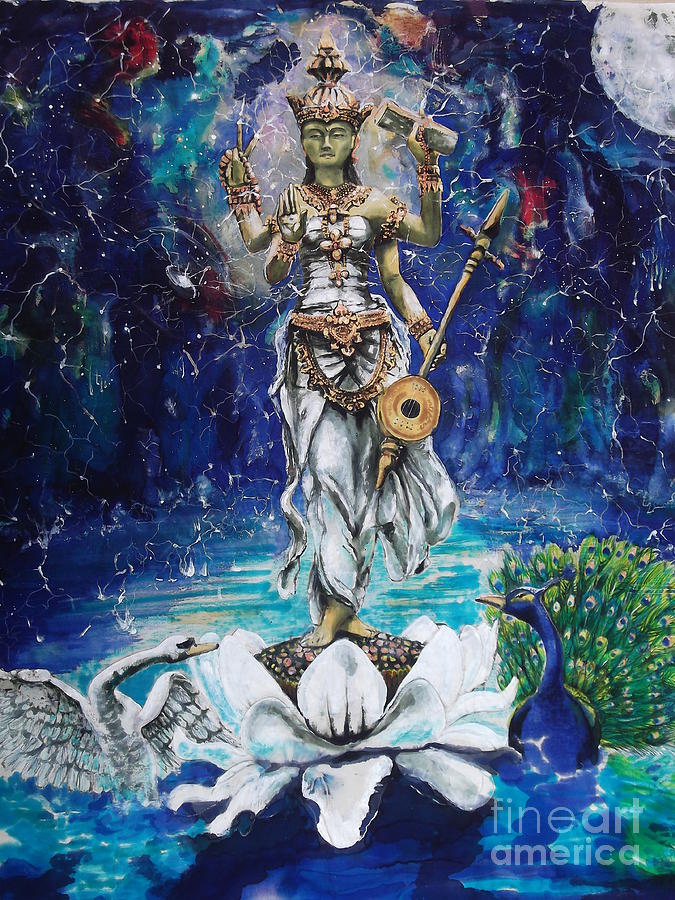 Peacock Painting - Saraswati by Silk Alchemy