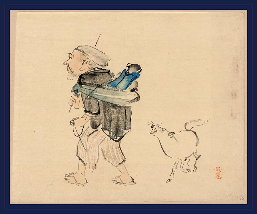 Monkey Drawing - Saruhiki To Inu, Monkey Trainer And A Dog by Zeshin, Shibata (1807-91), Japanese