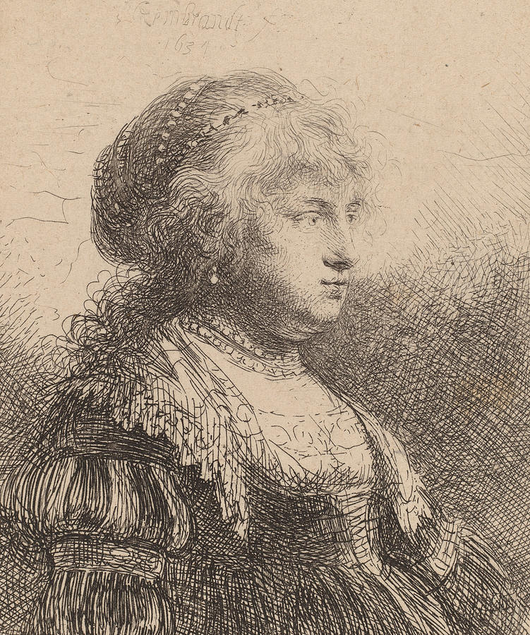 Saskia with Pearls in Her Hair Drawing by Rembrandt