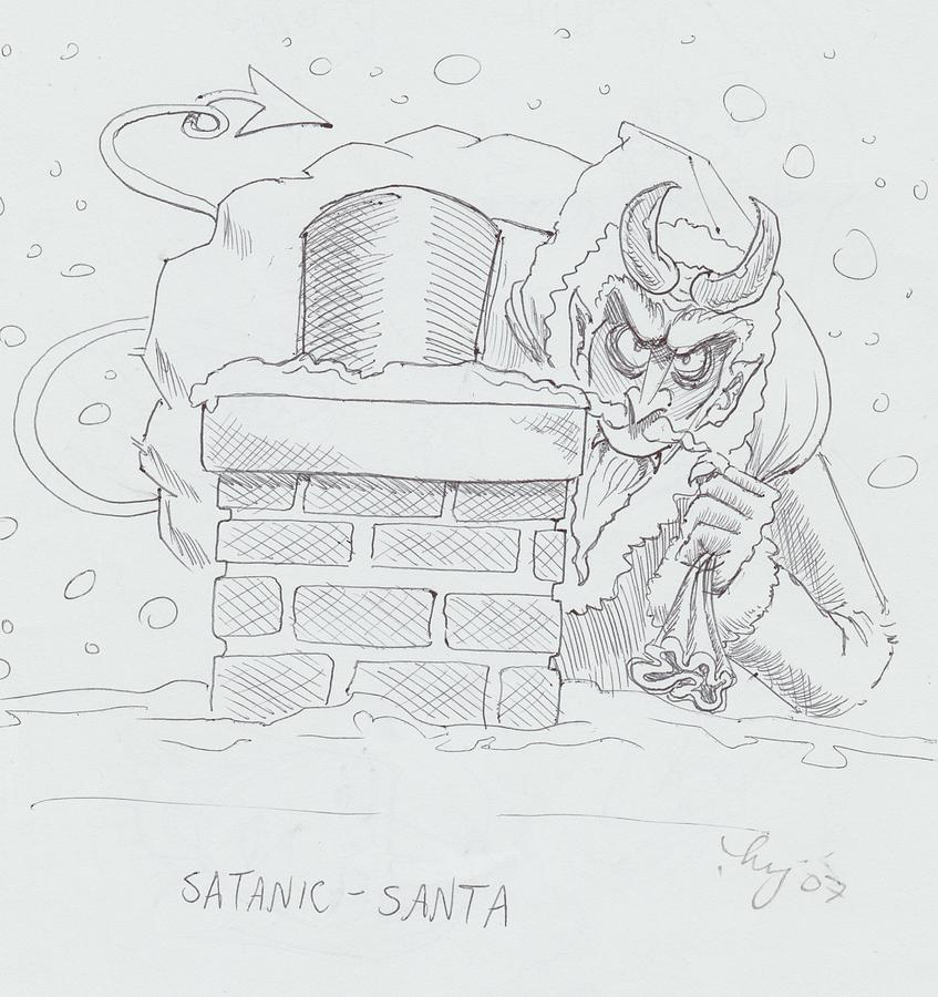 Vintage Drawing - Satanic Santa Claus Cartoon by Mike Jory