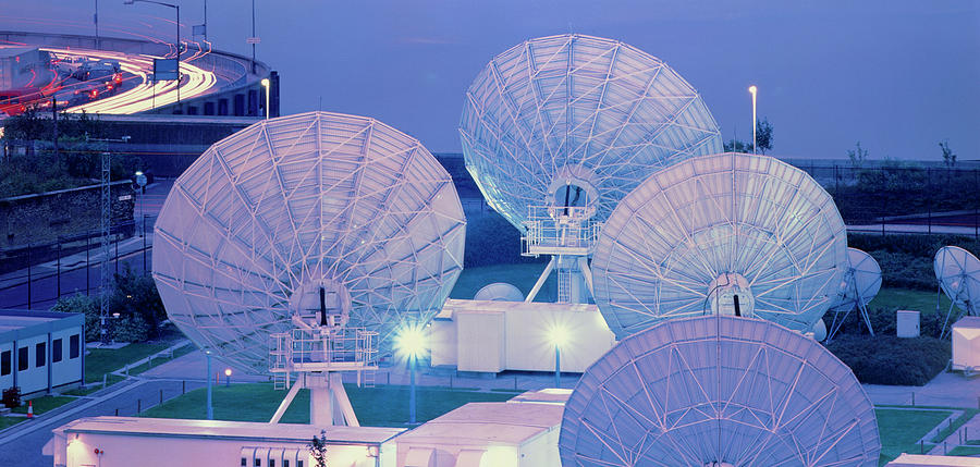 Satellite Dishes At Nighttime Photograph by Alex Bartel/science Photo Library