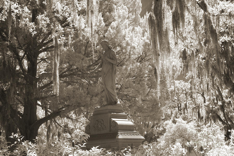 Angel Art By Kathy Fornal Photograph - Savannah Bonaventure Cemetery Sepia Angel Monument With Hanging Spanish Moss by Kathy Fornal
