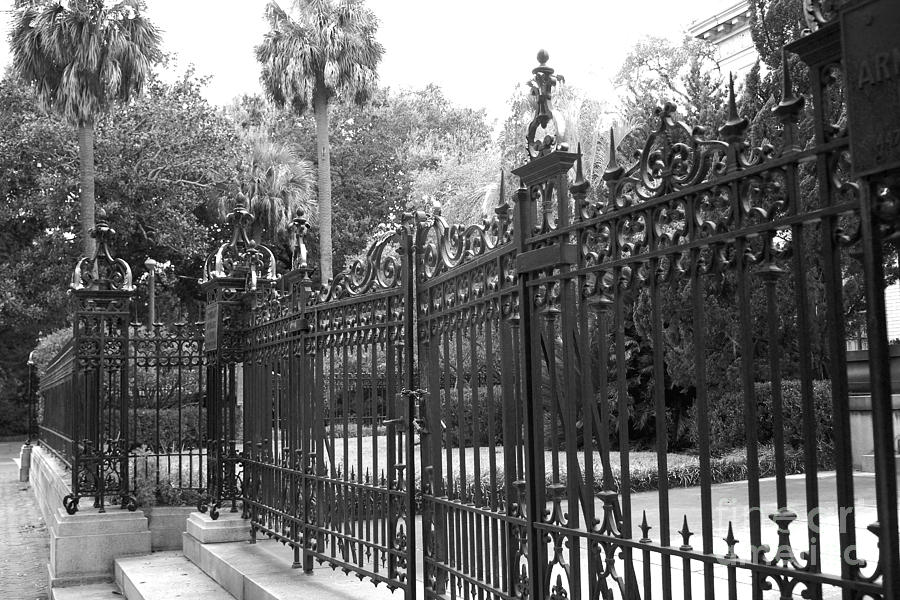 Savannah Mansions Black and White Rod Iron Gate - Savannah Black Gate Architecture Photograph by Kathy Fornal