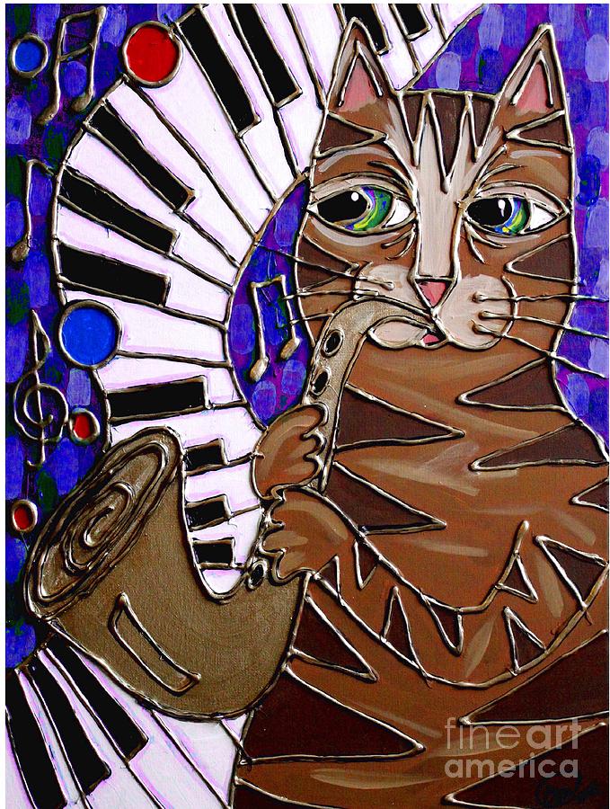 Sax Cat 2 Painting by Cynthia Snyder