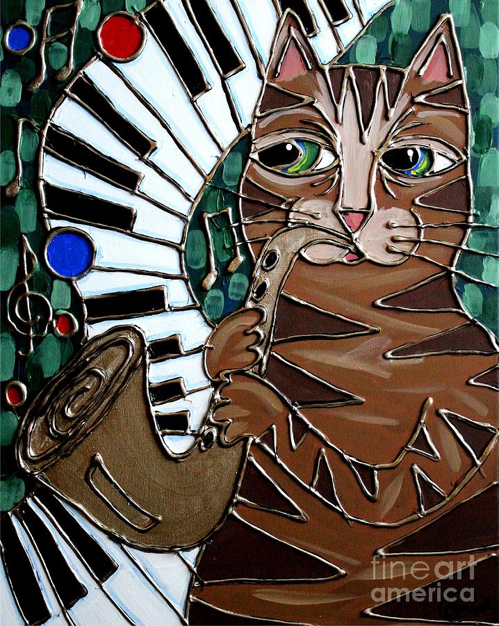 Sax Cat Painting by Cynthia Snyder