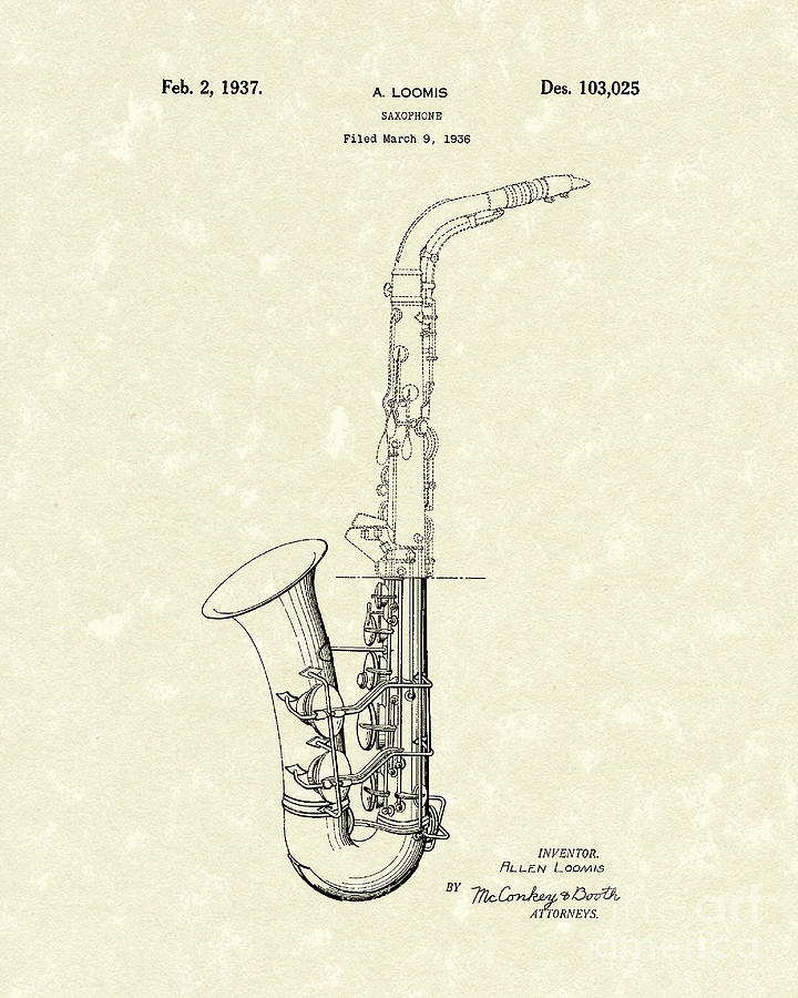 Musical Instrument Drawing - Saxophone 1937 Patent Art by Prior Art Design