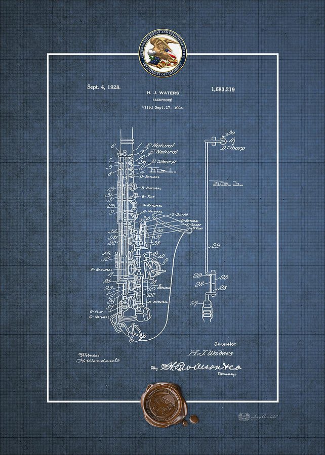 Saxophone by H.J. Waters Vintage Patent Blueprint Digital Art by Serge Averbukh