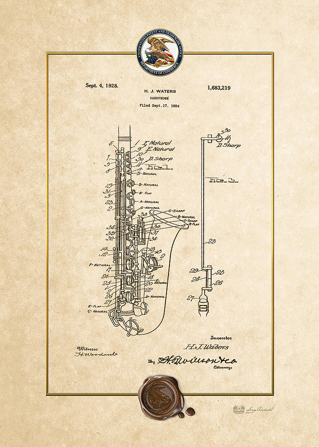 Saxophone by H.J. Waters Vintage Patent Document Digital Art by Serge Averbukh
