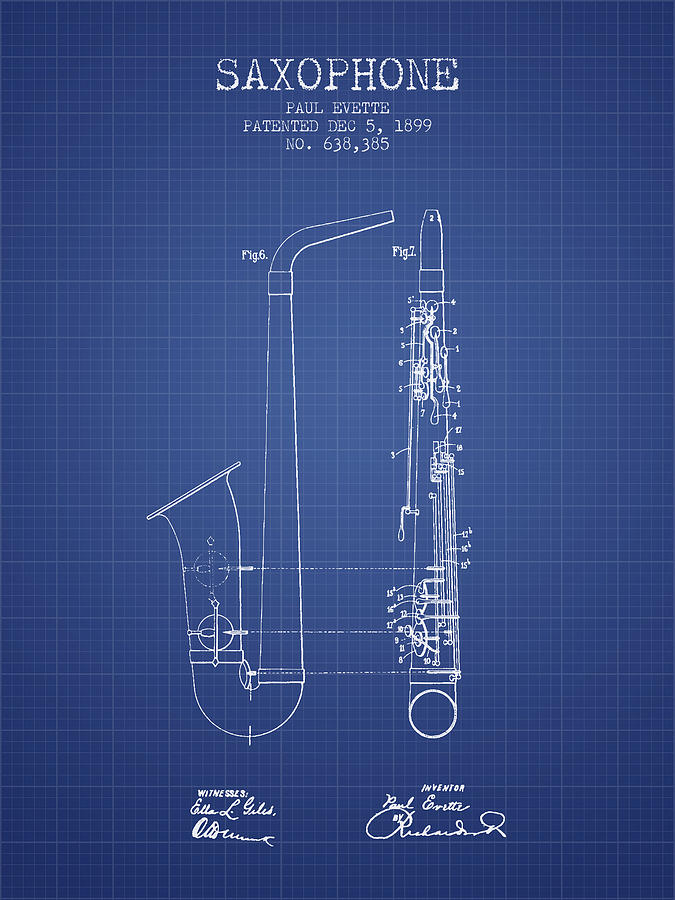 Musician Digital Art - Saxophone Patent From 1899 - Blueprint by Aged Pixel