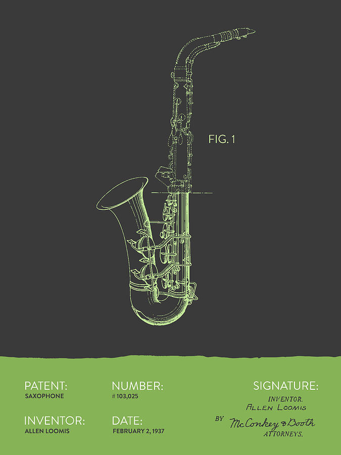 Saxophone Patent From 1937 - Gray Green Digital Art