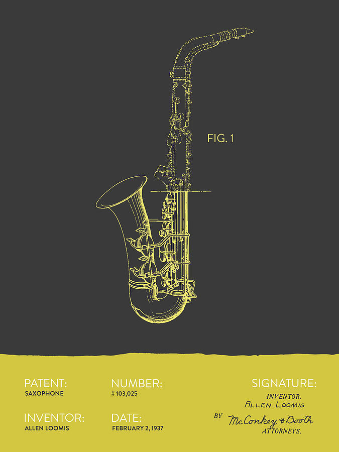 Saxophone Patent From 1937 - Gray Yellow Digital Art