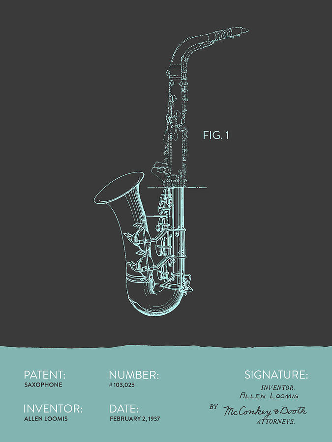 Saxophone Patent From 1937 - Modern Gray Blue Digital Art