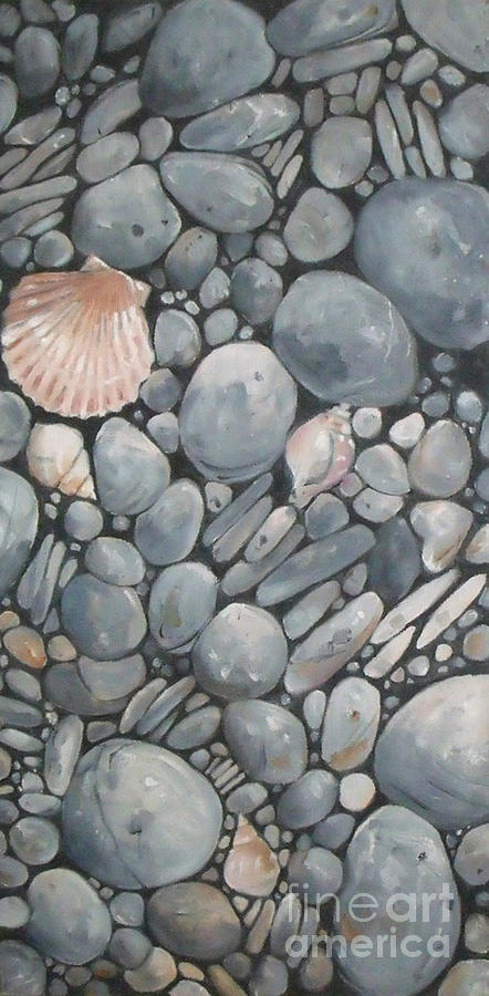 Scallop Shell and Black Stones Painting by Mary Hubley