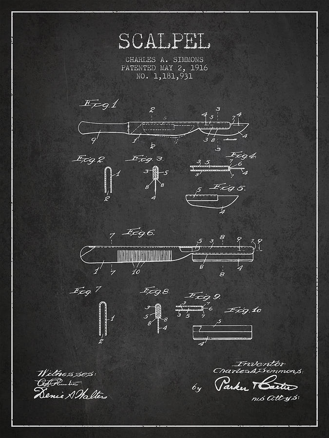 Vintage Digital Art - Scalpel patent from 1916 - Dark by Aged Pixel