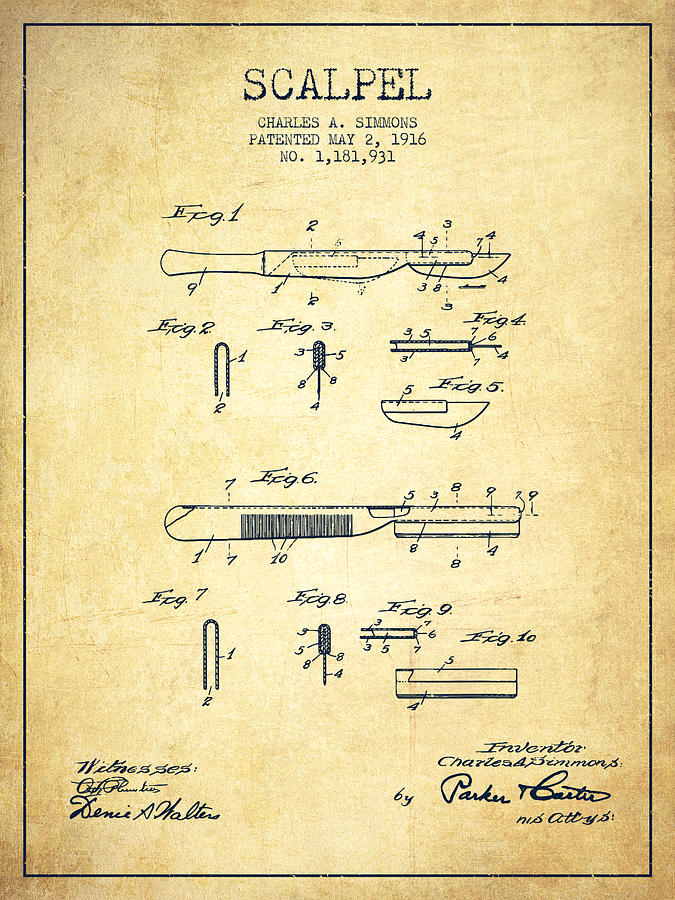 Vintage Digital Art - Scalpel patent from 1916 - Vintage by Aged Pixel