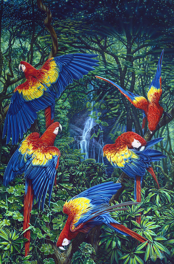 Scarlet Macaw Jungle Painting by JQ Licensing