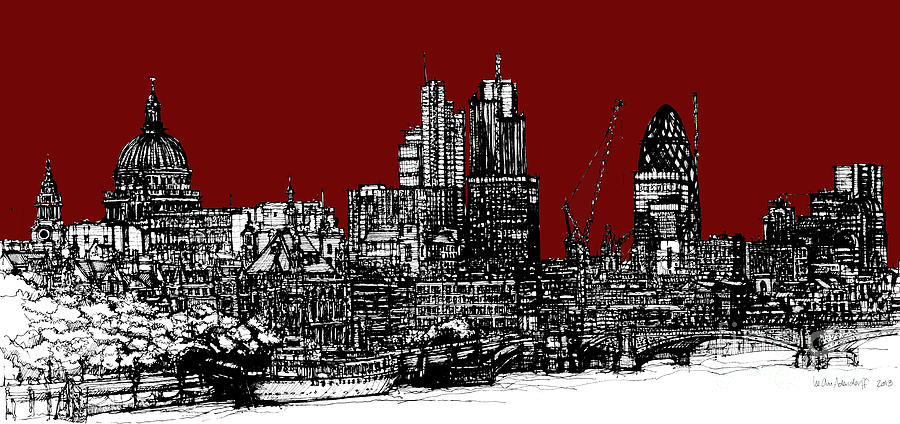 Dark Ink With Bright Scarlet Red London Skyline Digital Art