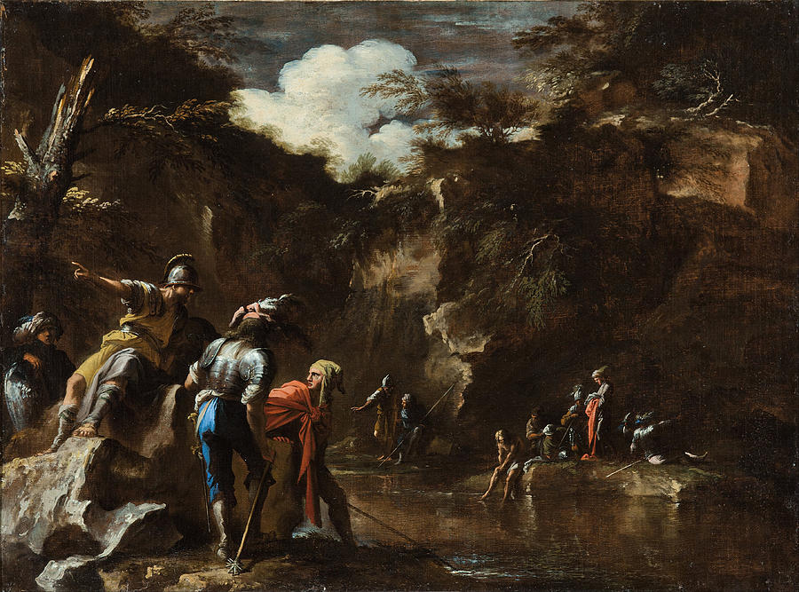 Scene from Greek history. Thales causing the river to flow on both sides of the Lydian army Painting by Salvator Rosa