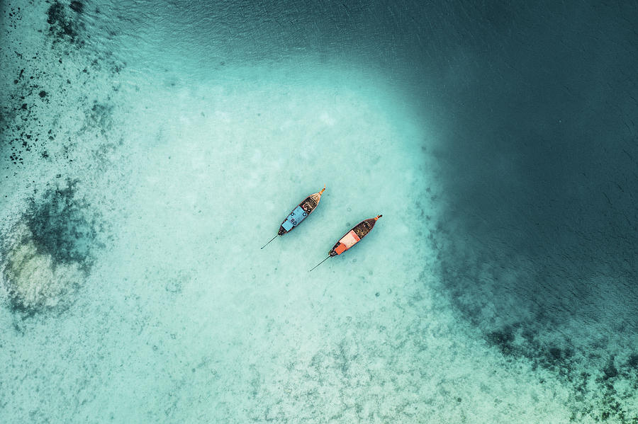 Scenic aerial view of two boats on sea in Thailand Photograph by Oleh_Slobodeniuk