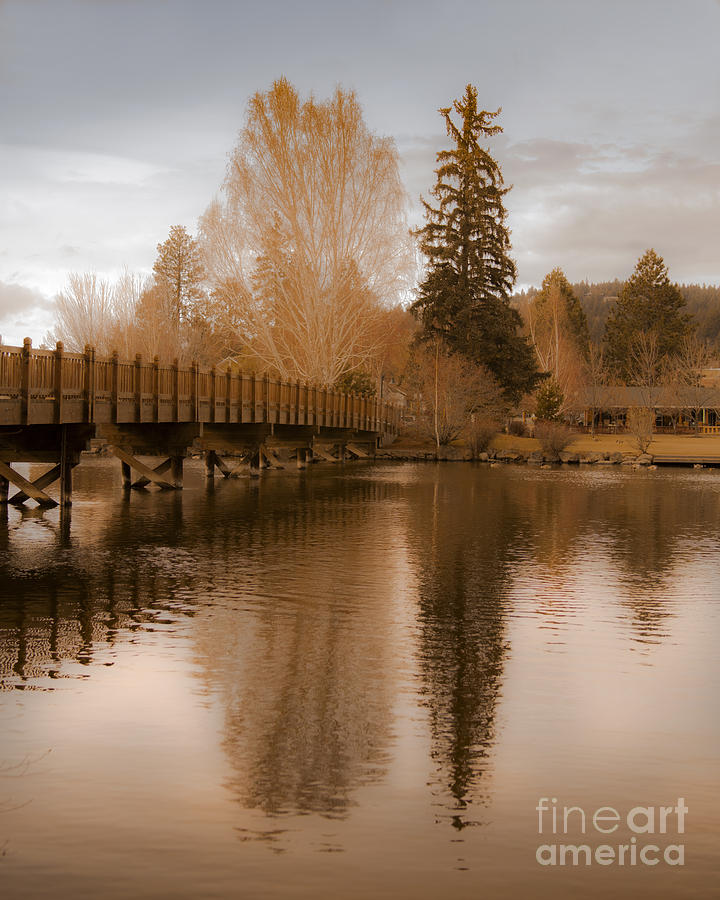 Scenic Golden Wooden Bridge Tree Reflection on The Deschutes River Photograph by Jerry Cowart