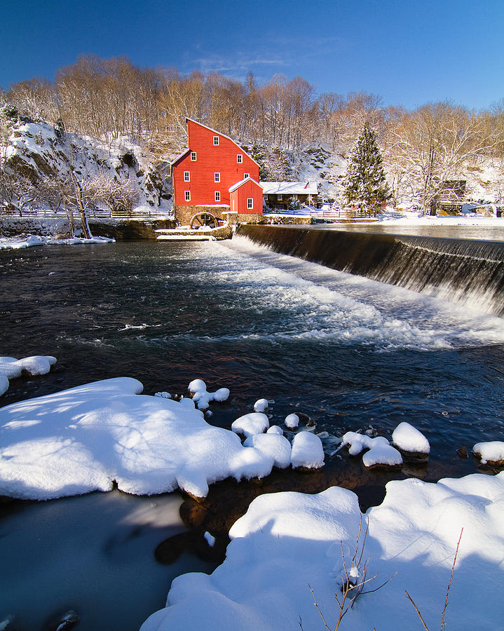 Scenic Winter View of a Waterfall and a Red Mill Photograph by George ...