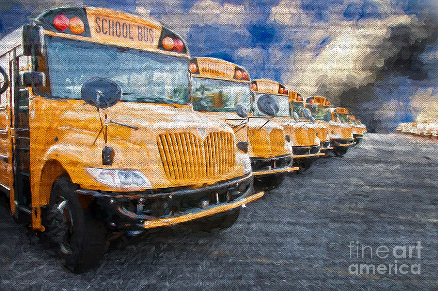 School Bus Lot Painterly Photograph by Andee Design
