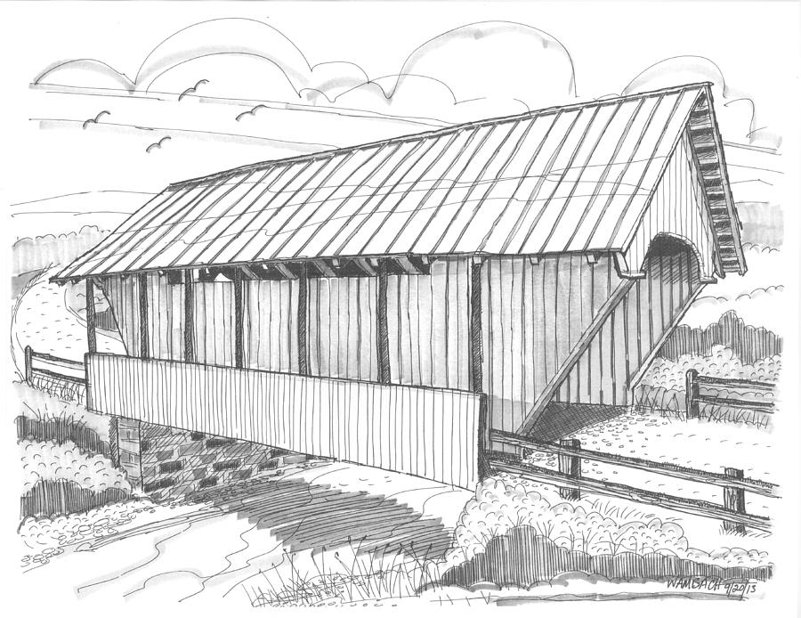 School House Covered Bridge Drawing by Richard Wambach