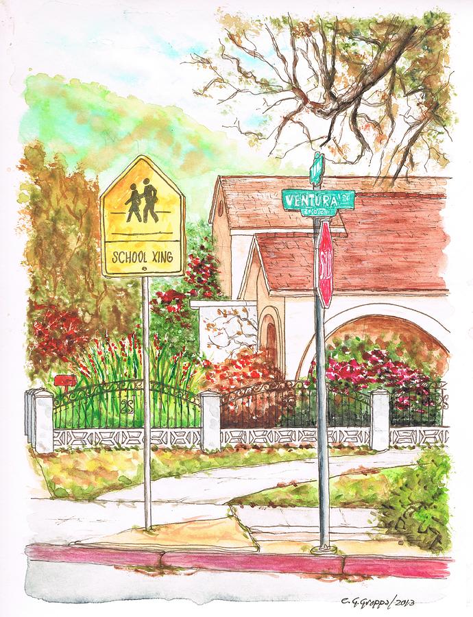 School Xing sign in Santa Paula, California Painting by Carlos G Groppa