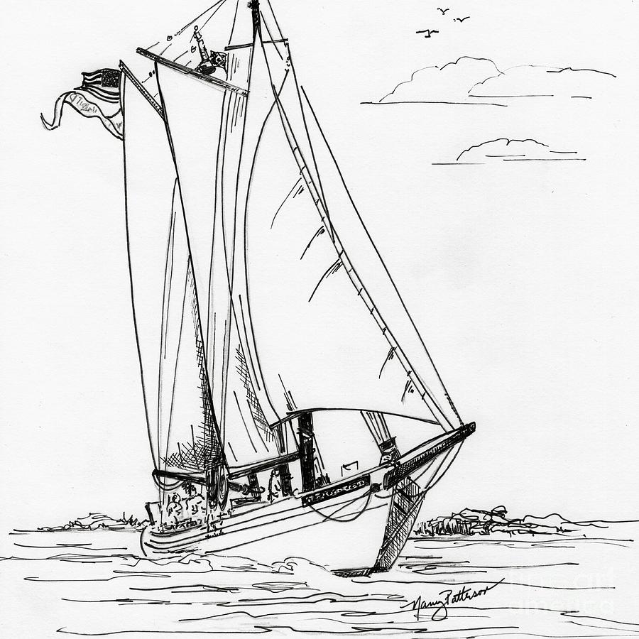 Schooner on the Bay 2  Drawing by Nancy Patterson
