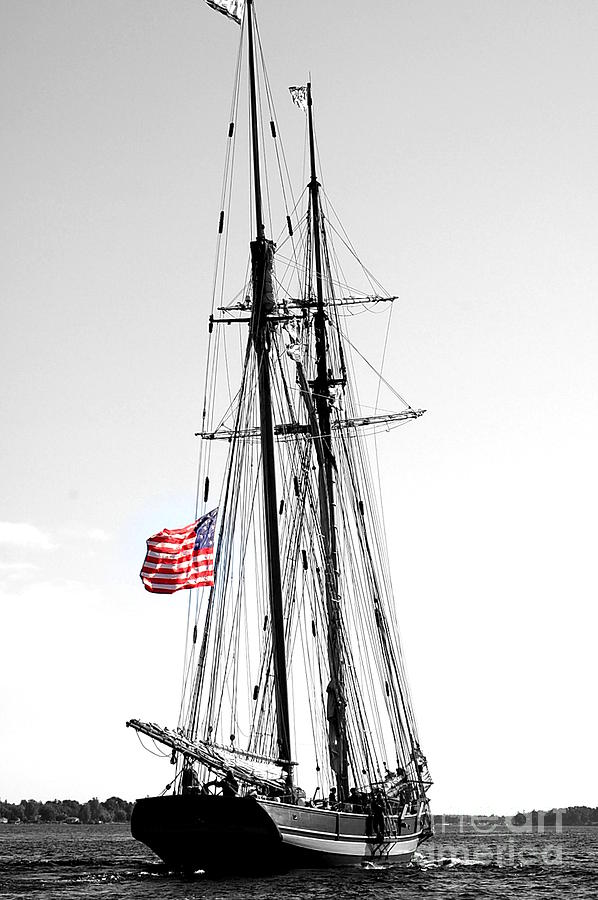 Black And White Photograph - Schooner Tall Ship American Flag by Linda Rae Cuthbertson
