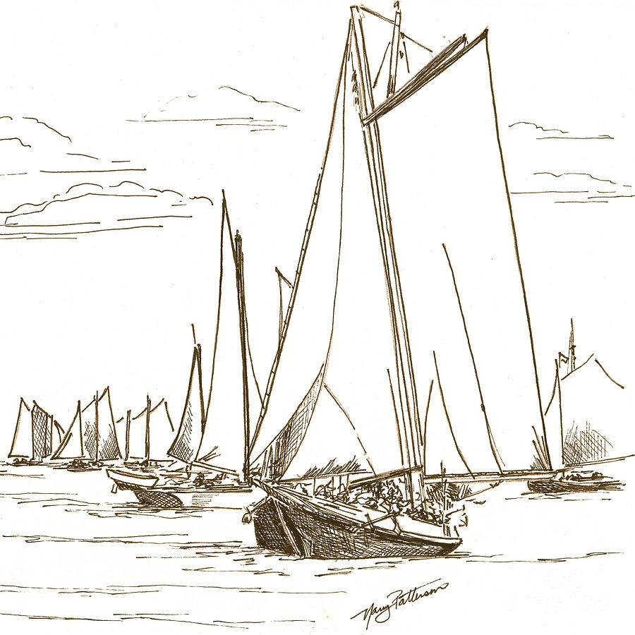 Schooners on the Bay 2 Drawing by Nancy Patterson
