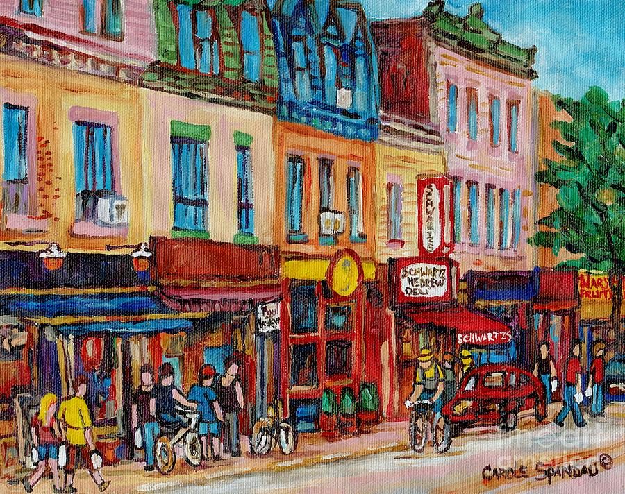 Schwartzs Deli And Warshaw Fruit Store Montreal Landmarks On St Lawrence Street  Painting by Carole Spandau