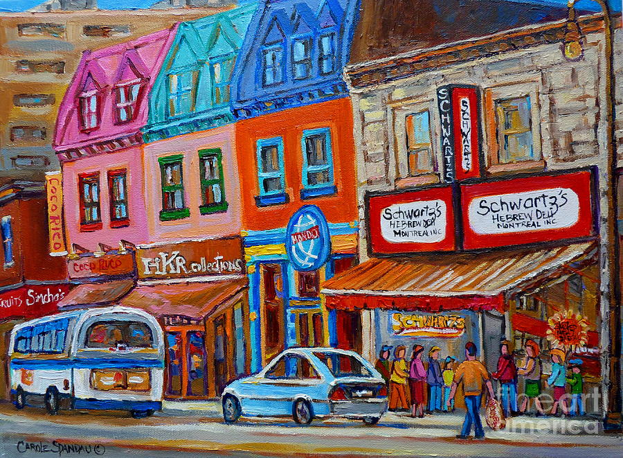 Schwartzs Deli Restaurant Montreal Smoked Meat Plateau Mont Royal Streetscene Carole Spandau Painting by Carole Spandau