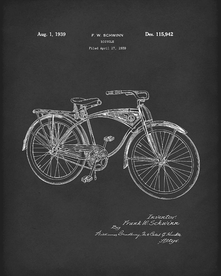 Schwinn Bicycle 1939 Patent Art Black Drawing by Prior Art Design