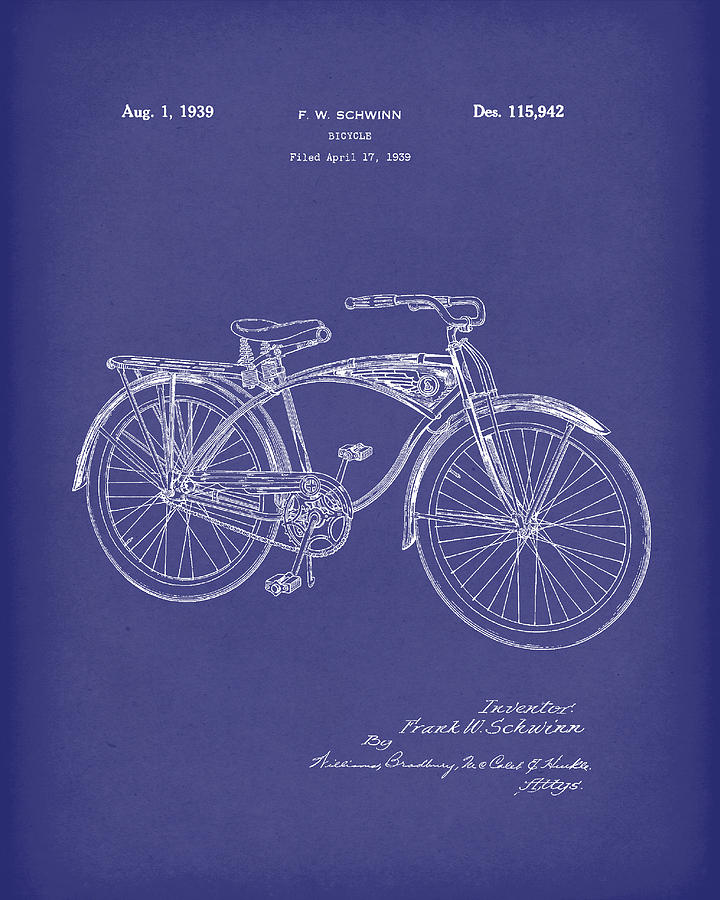 Schwinn Bicycle 1939 Patent Art Blue Drawing by Prior Art Design