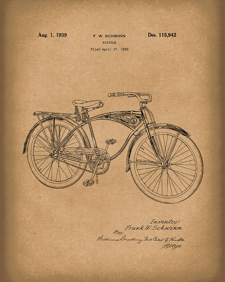 Schwinn Bicycle 1939 Patent Art Brown Drawing by Prior Art Design