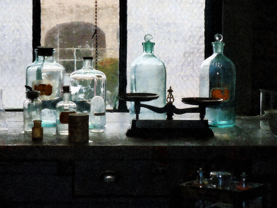 Science - Balance and Bottles in Chem Lab Photograph by Susan Savad