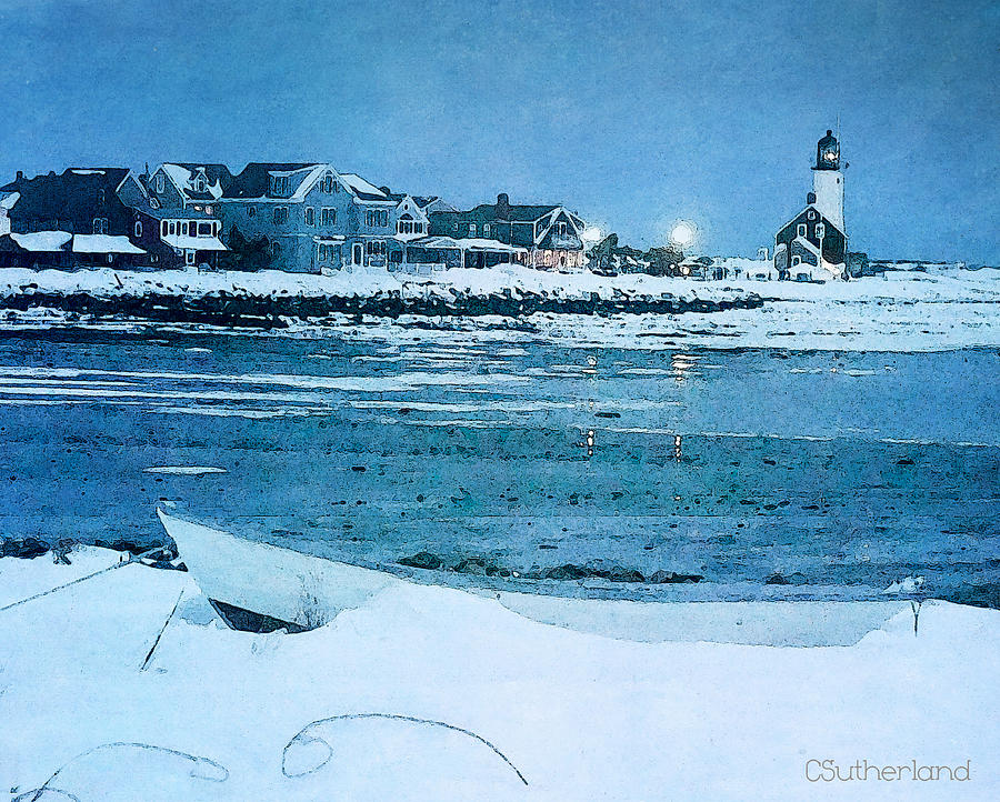 Winter Photograph - Scituate Light Snowy Night by Carol Sutherland