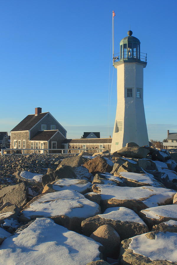 Winter Photograph - Scituate Lighthouse Breakwater in Winter by John Burk