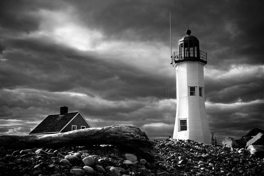 Lighthouse Photograph - Scituate lighthouse under a stormy sky by Jeff Folger
