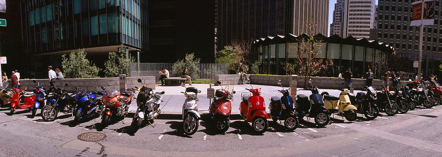 Architecture Photograph - Scooters And Motorcycles Parked by Panoramic Images