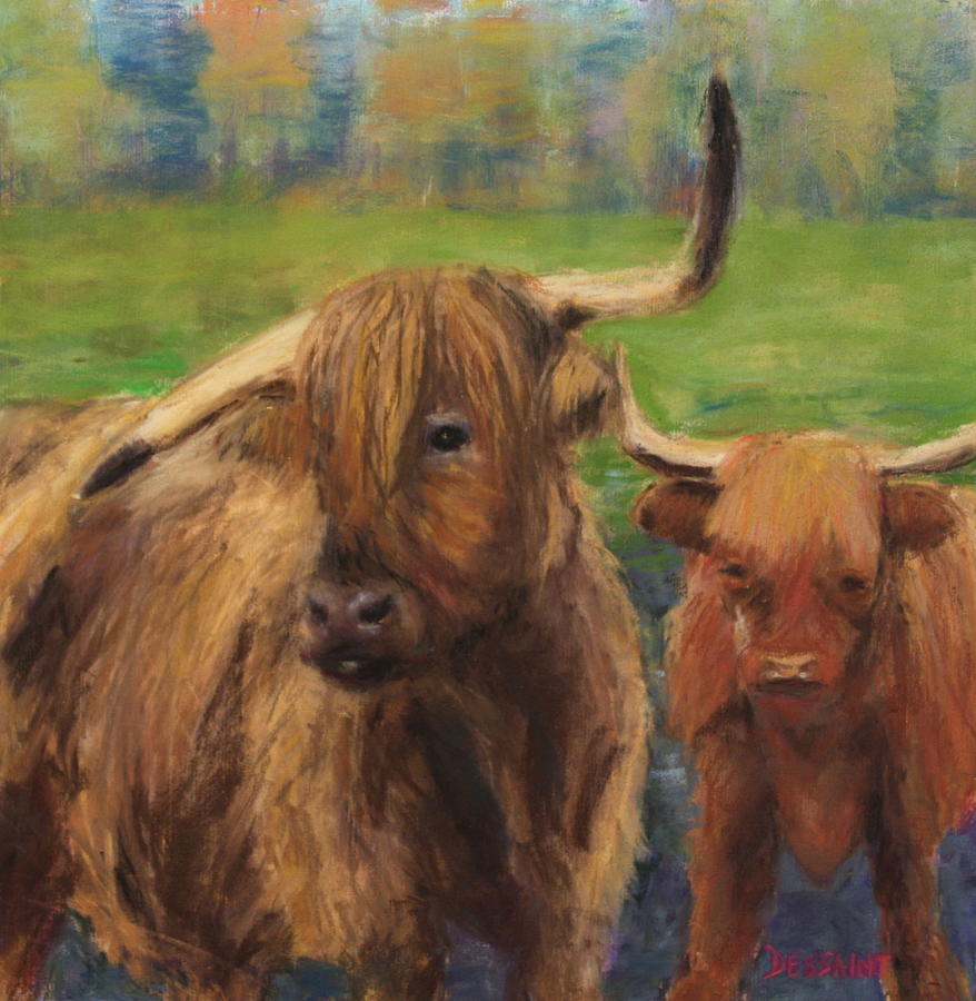 Fall Painting - Scottish Highland Cows in the Mist by Linda Dessaint