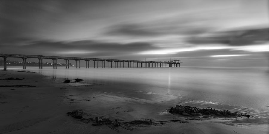Scripps Pier Twilight - Black and White Photograph by Peter Tellone