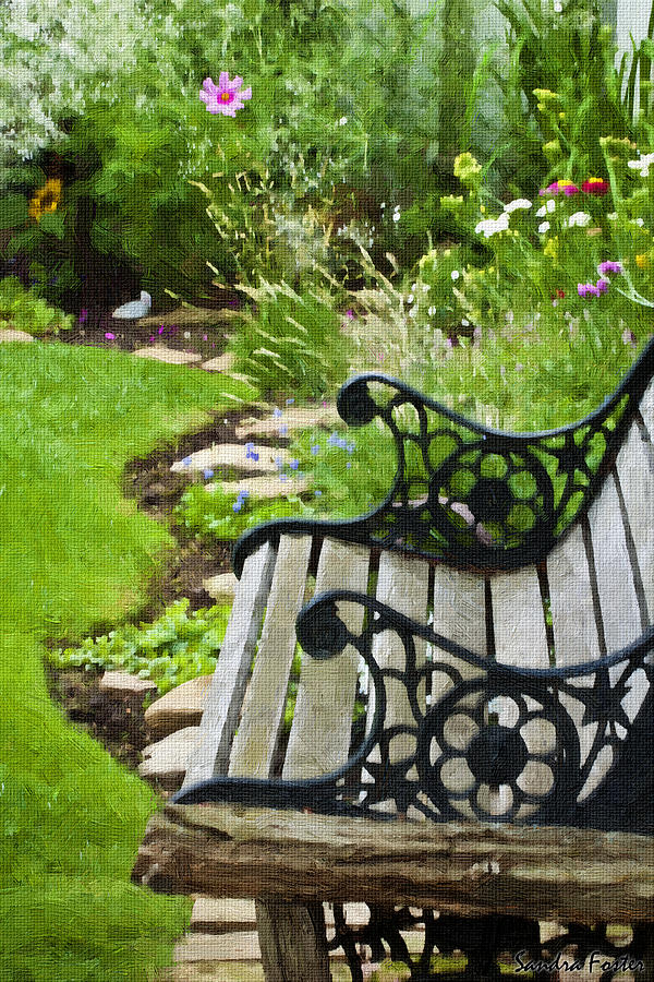 Scroll Bench Garden Scene Digital Artwork Photograph by Sandra Foster
