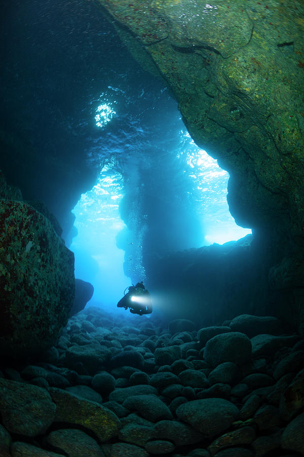 Scuba Diver In Lava Tube, Hawaii Photograph by Michele Westmorland