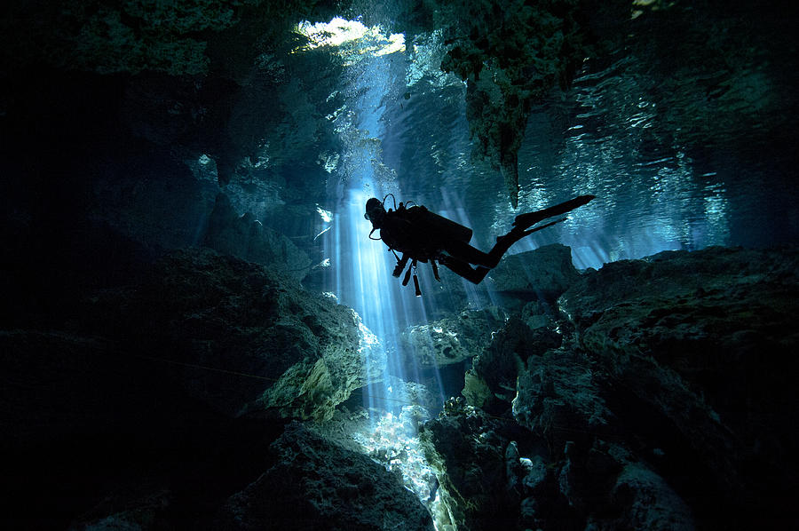Scuba diver inside cenote in Mexico Photograph by Alastair Pollock Photography
