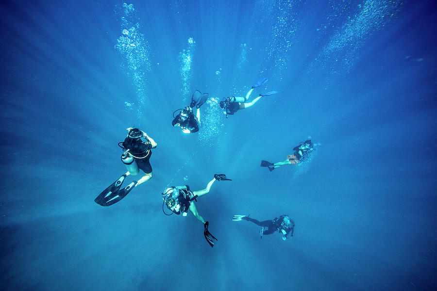 Scuba Divers Descending Into Deep Blue Photograph by Lewis Mulatero