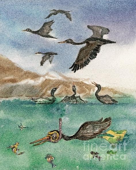 Scubba diving cormorant from A Birds Eye View Painting by Donna Acheson-Juillet