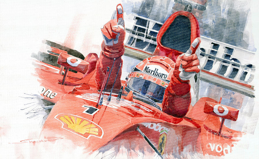 Watercolor Painting - 2001 Scuderia Ferrari Marlboro F 2001 Ferrari 050 M Schumacher  by Yuriy Shevchuk