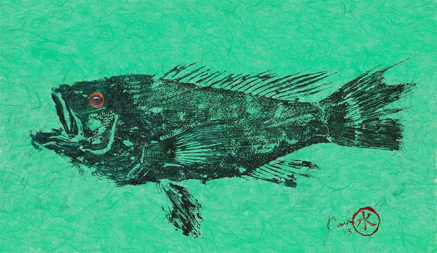 Sea Bass on Aegean Green Thai Unryu Paper Mixed Media by Jeffrey Canha